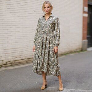 Olive floral casual midi dress-light weight, maternity friendly